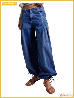 Women's Mid Rise Wide Leg Balloon Jeans Drawstring Cuff Baggy Denim